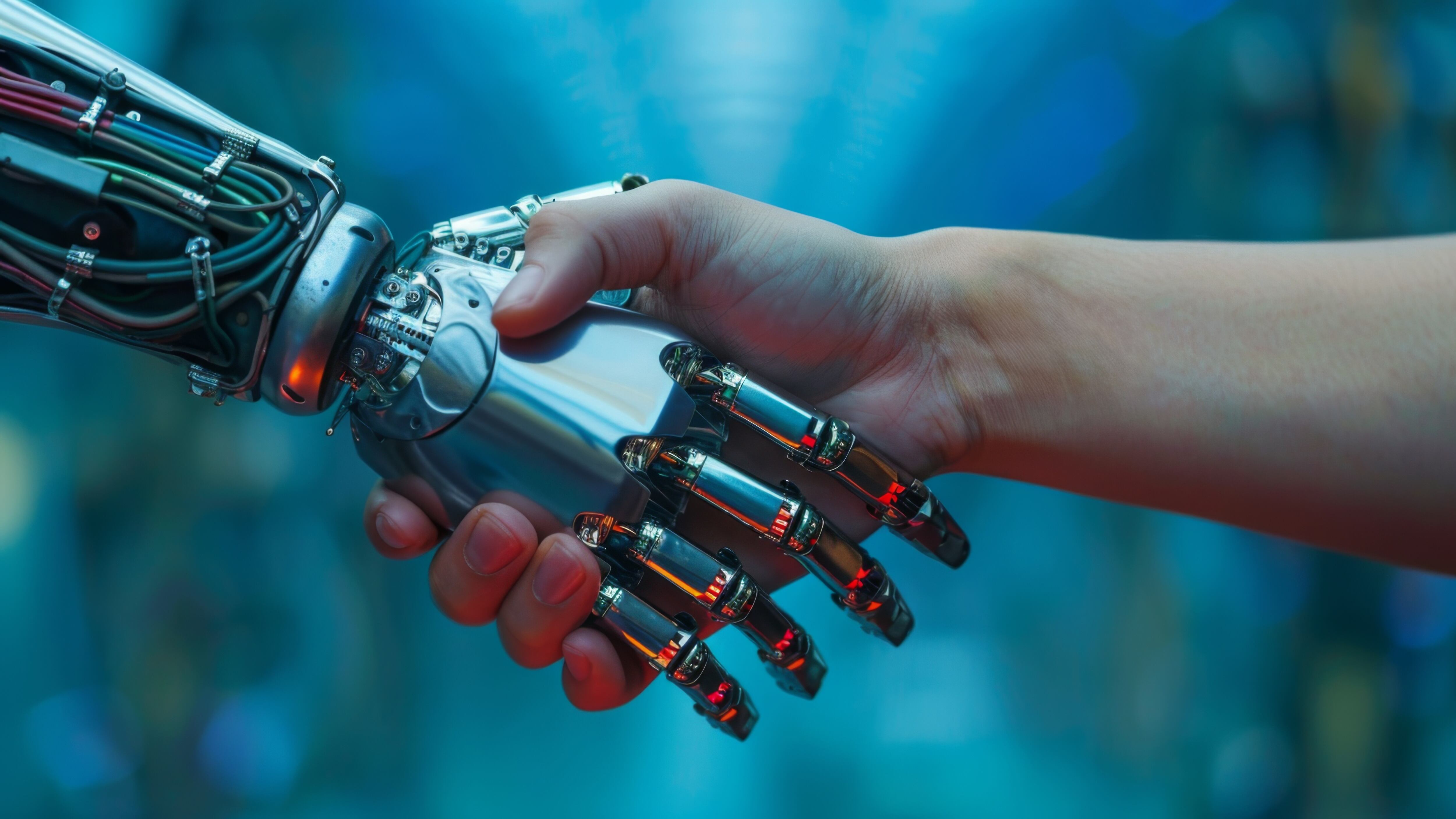 Robot hand shaking with a human: a symbol of future business cooperation. Combining artificial intelligence and human touch for technological evolution.