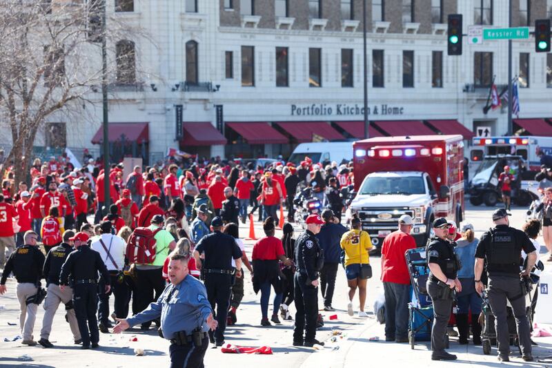 KANSAS CITY, MISSOURI - FEBRUARY 14: Law enforcement and medical personnel respond to a shooting at Union Station during the Kansas City Chiefs Super Bowl LVIII victory parade on February 14, 2024 in Kansas City, Missouri. Several people were shot and two people were detained after a rally celebrating the Chiefs Super Bowl victory. (Photo by Jamie Squire/Getty Images)