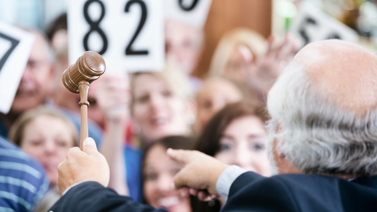 People bidding, holding up paddles in front of auctioneer.